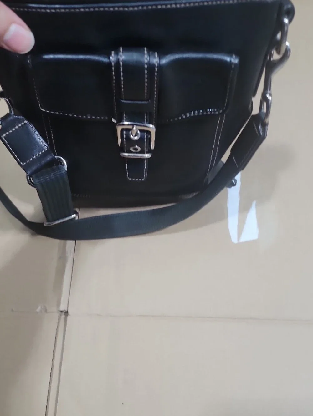 Black Leather Crossbody Bag - Classic Buckle Design